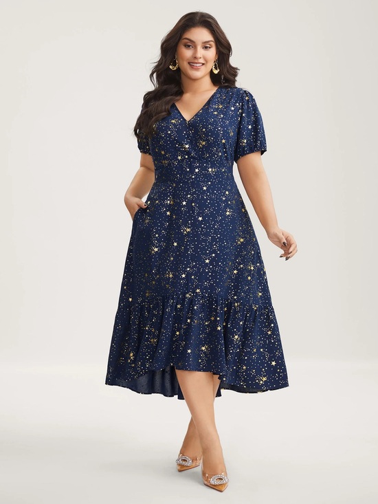 BloomChic Dresses & Skirts - BloomChic Navy and Gold Star-Print High-Low Midi Dress
